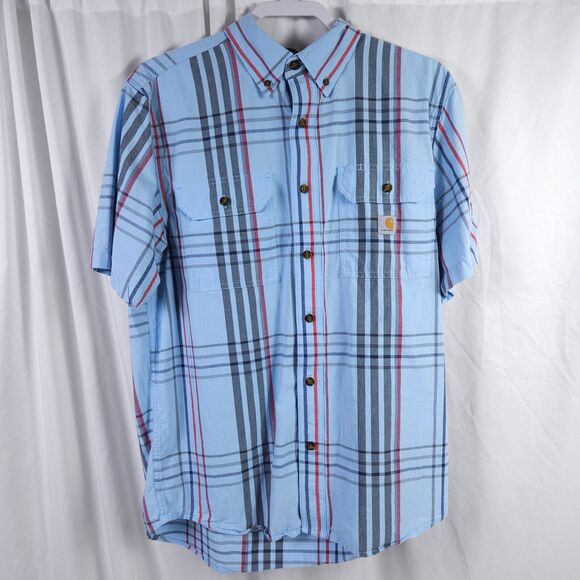Carhartt Men's Medium Powder Blue Plaid Loose Fit Short Sleeve Button Up Shirt - Picture 1 of 9
